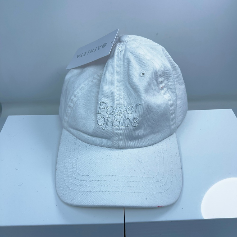 Athleta Womens OS White Power of She Embroidered Adjustable Baseball Hat *Flaw